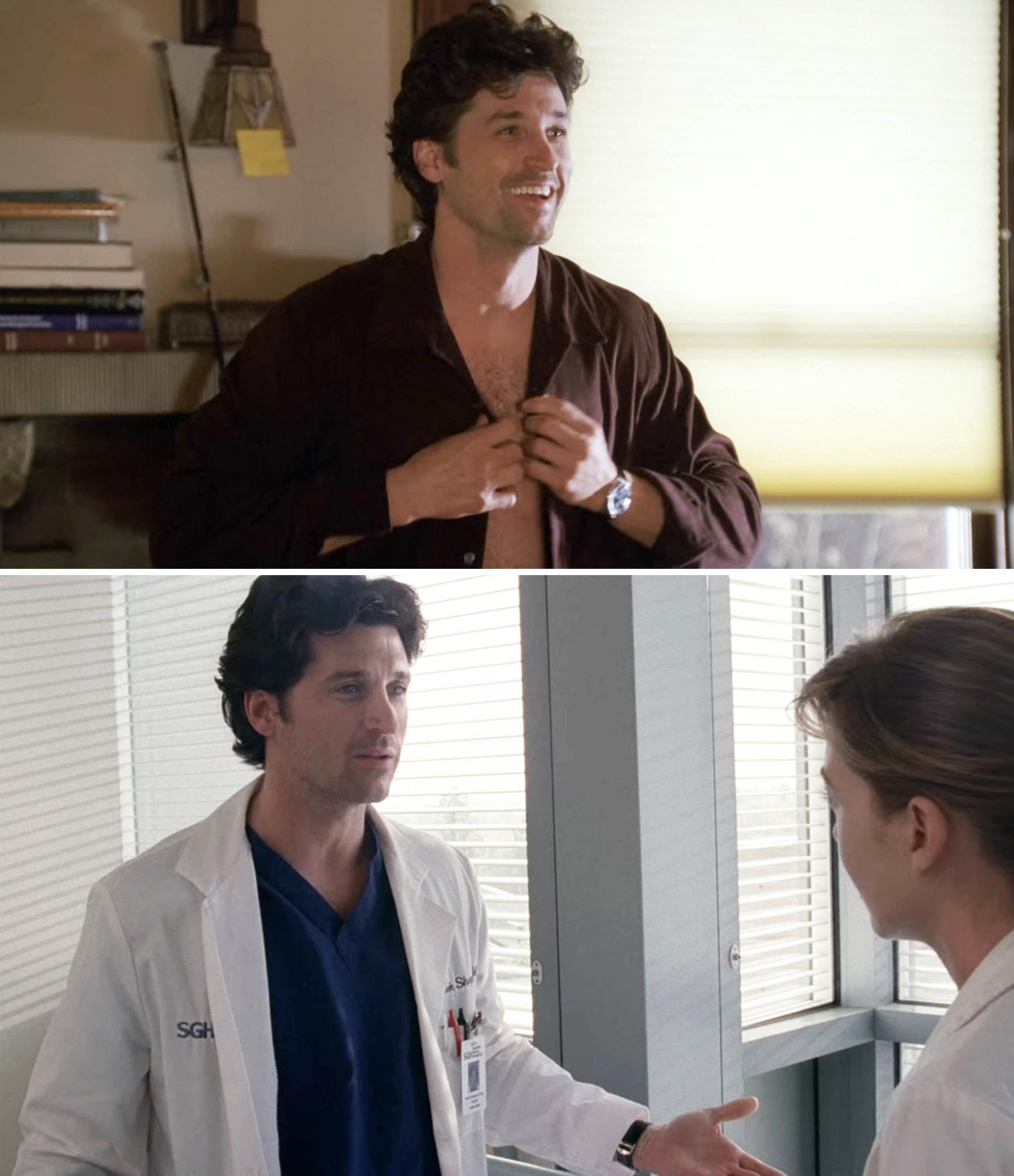 Derek Shepherd buttoning his shirt; Derek talking to Meredith in a hospital