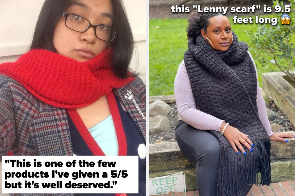 left: reviewer selfie wearing faux fur black hooded scarf. right: reviewer selfie wearing red scarf.