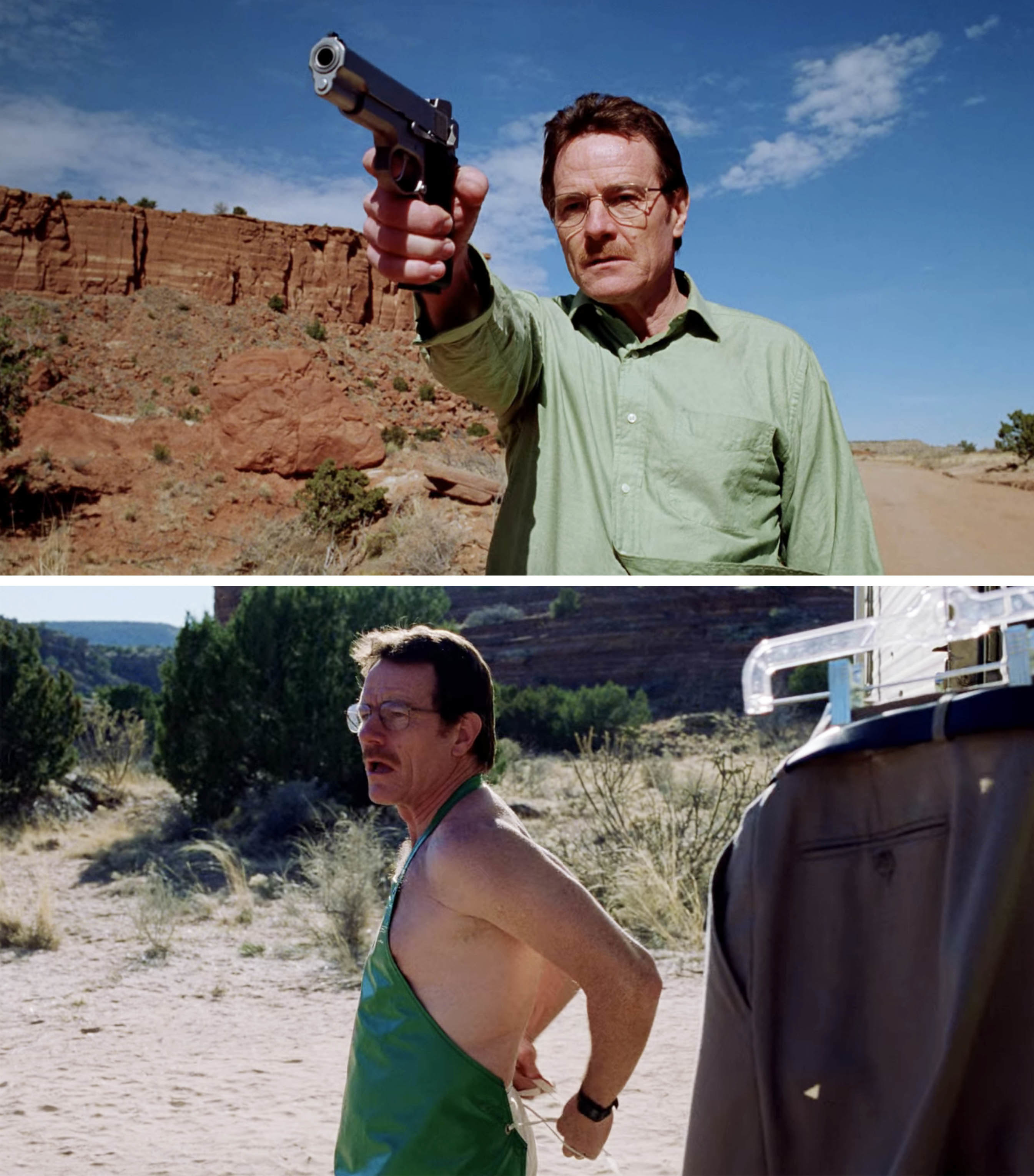 Walter White holding a gun; Walter putting an apron on in the desert