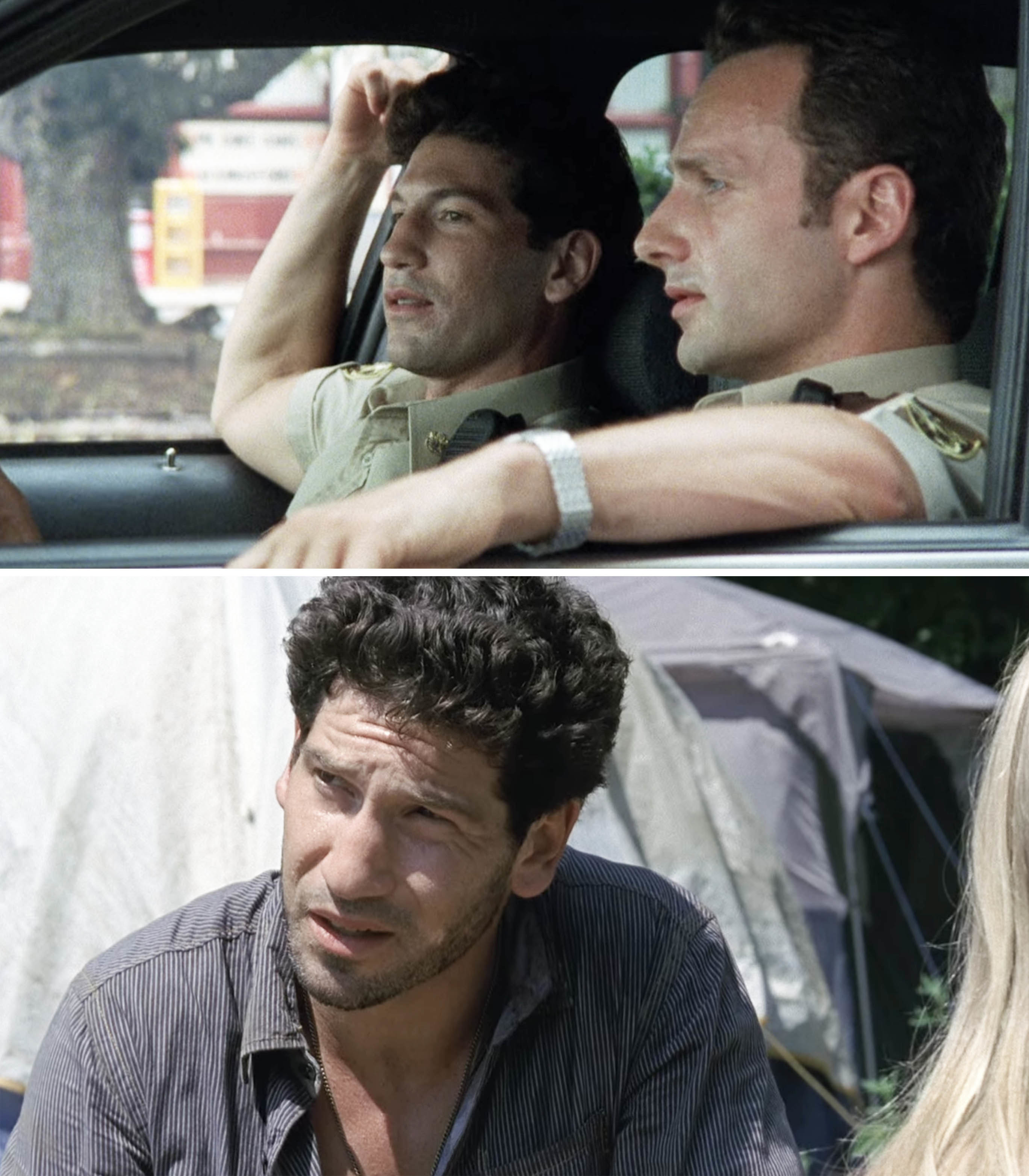 Shane Walsh sitting in a car; Shane looking at something outside