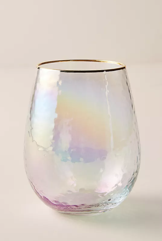 stemless iridescent gold rimmed wine glass