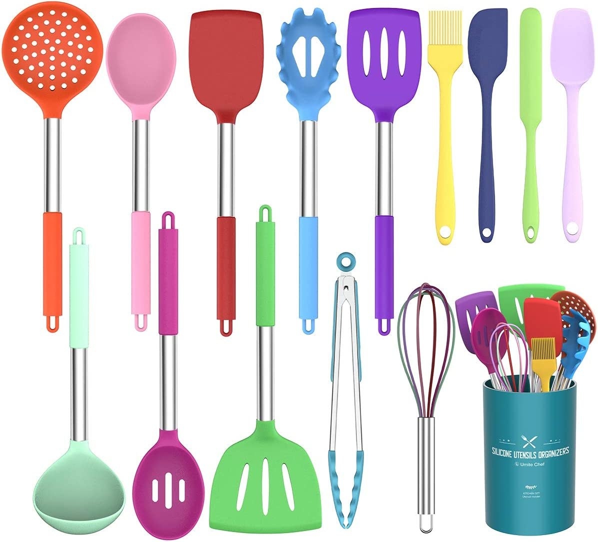 an array of colorful cooking utensils