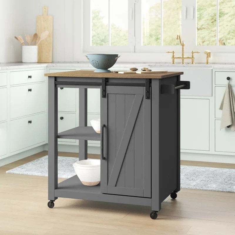 Grey kitchen cart in middle of kitchen