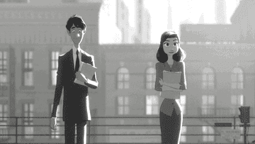 Animated man and woman standing next to each other