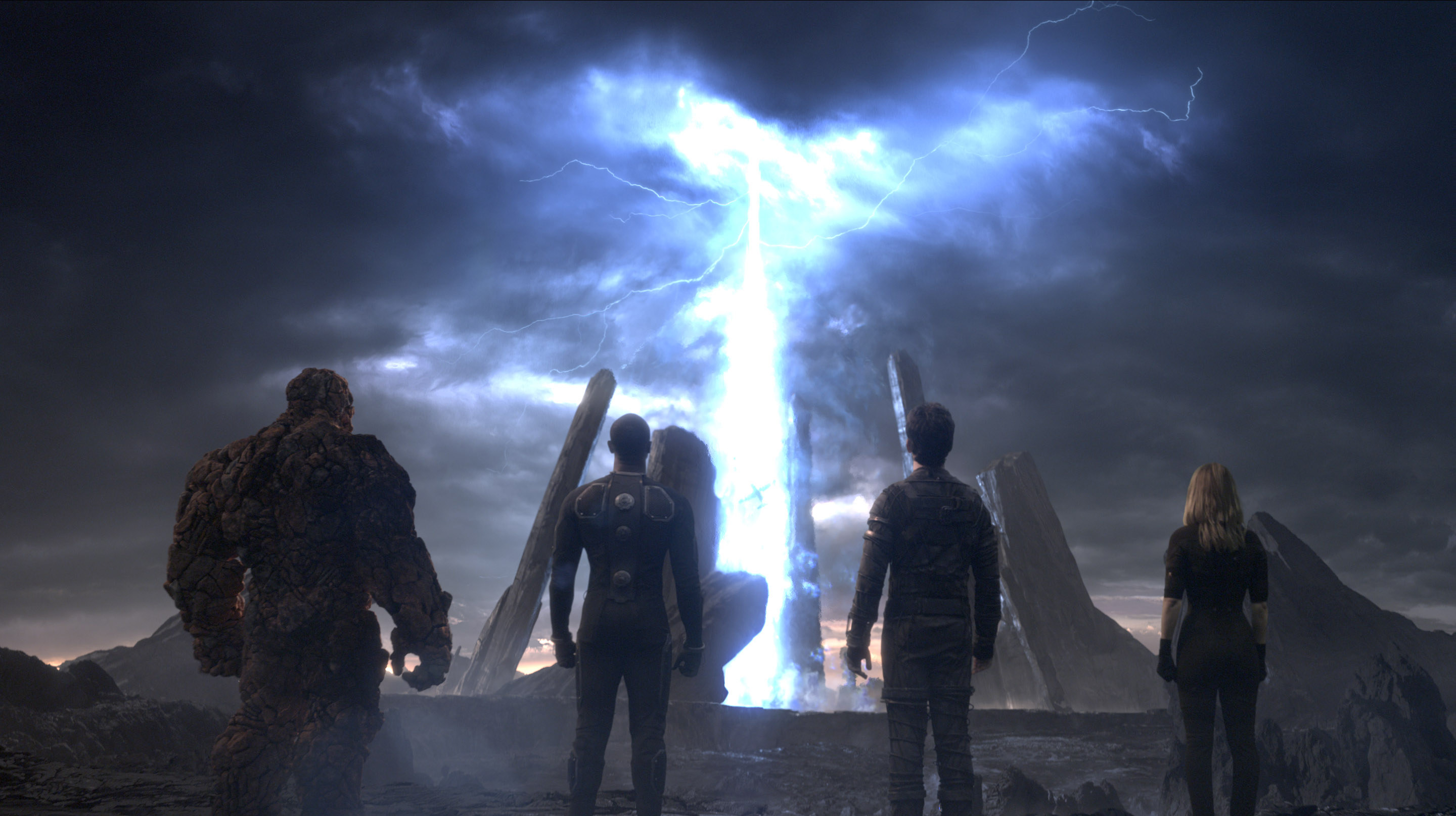 The Fantastic Four glances at an electrical surge into the sky