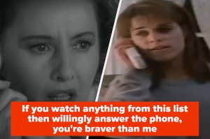 A split thumbnail, with one image showing a close up of a woman's face looking scared, and one of another woman on the phone