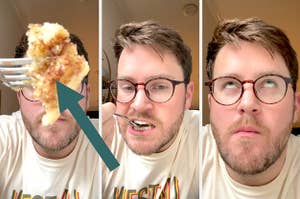 author biting into the cake with arrow pointing to close up of a bite