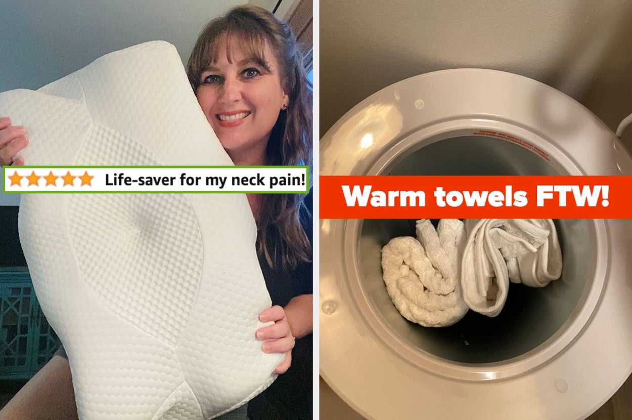 L: reviewer holding contoured memory foam pillow with screenshot of 5-star review titled "life-saver for my neck pain" R: towel warmer with white towels warming up inside