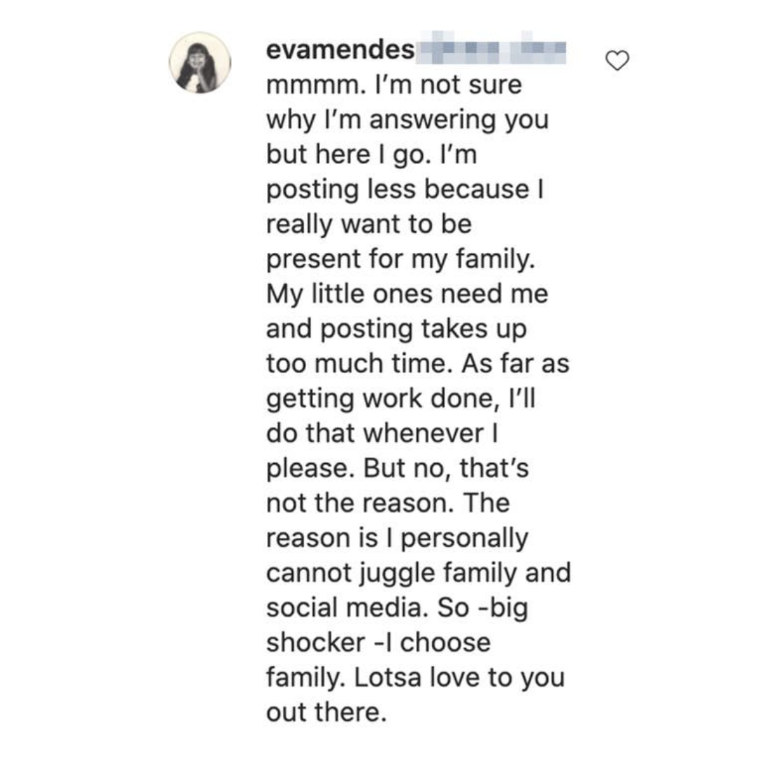 Comment by Eva Mendes saying, &quot;I choose family. Lotsa love to you out there.&quot;