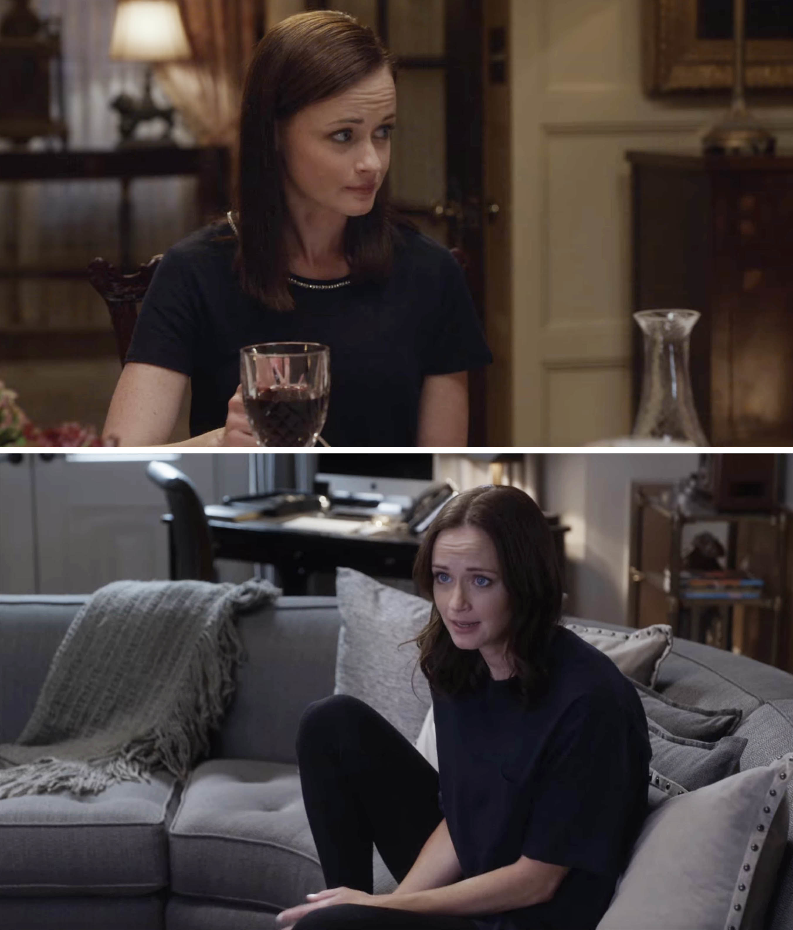 Rory at a dinner table and then sitting on a couch