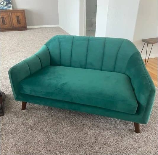 a reviewer photo of the green loveseat