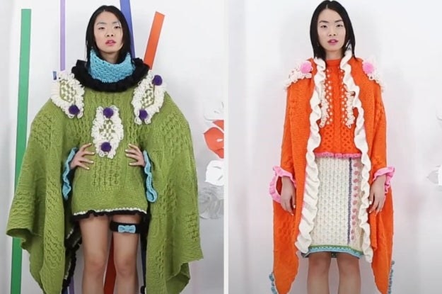 A Katie Jones model poses in an green and orange sweaters