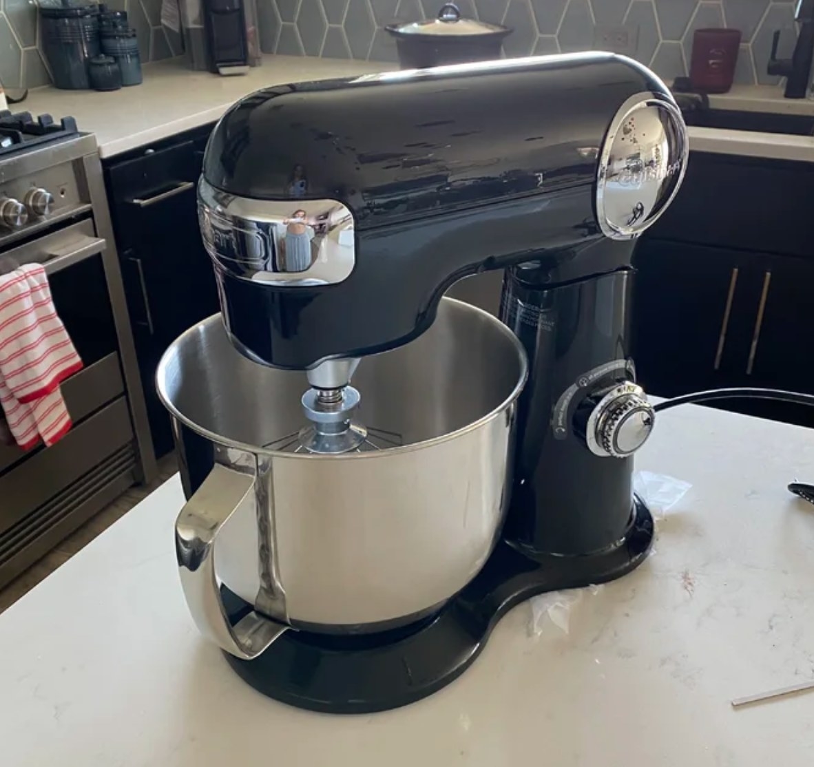 a reviewer&#x27;s photo of the black stand mixer