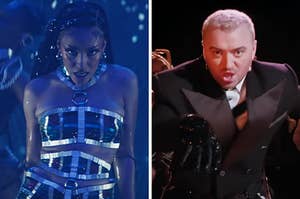 On the left, Doja Cat in the Woman music video, and on the right, Sam Smith in the Unholy music video