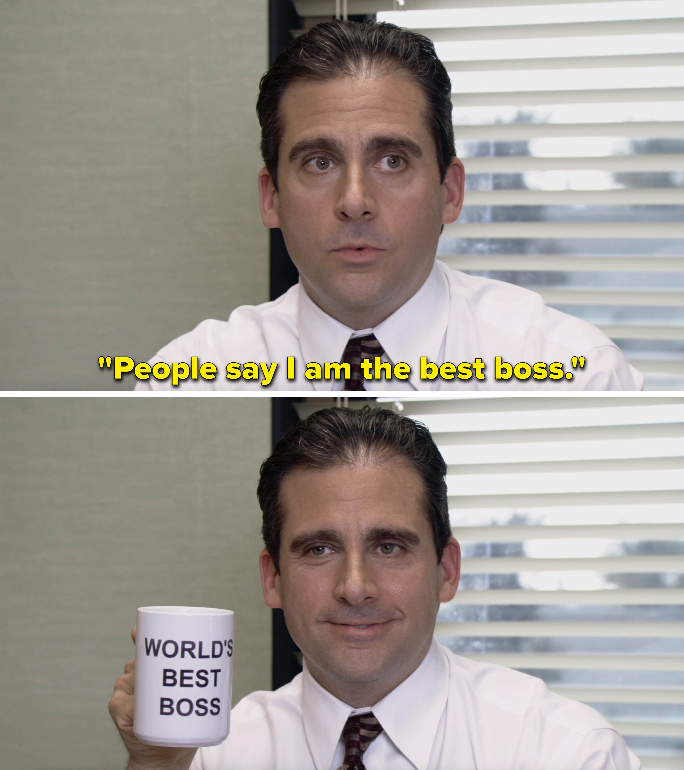Michael saying, &quot;People say I am the best boss&quot; and then holding a World&#x27;s Best Boss mug