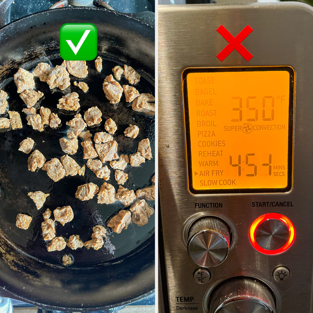 check mark over skillet and x mark over the air fryer