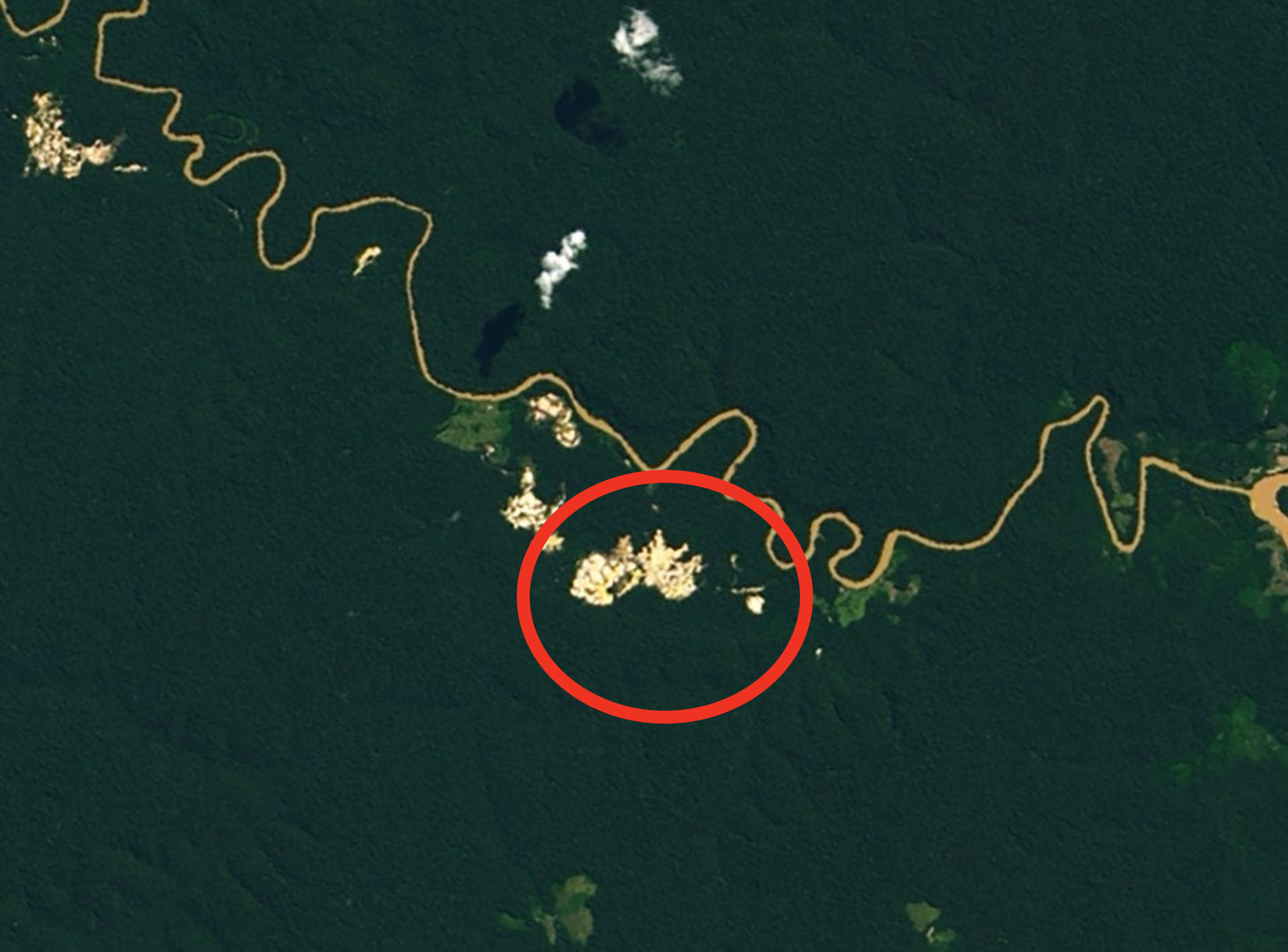 A satellite image of a gold mining operation expanding over the years