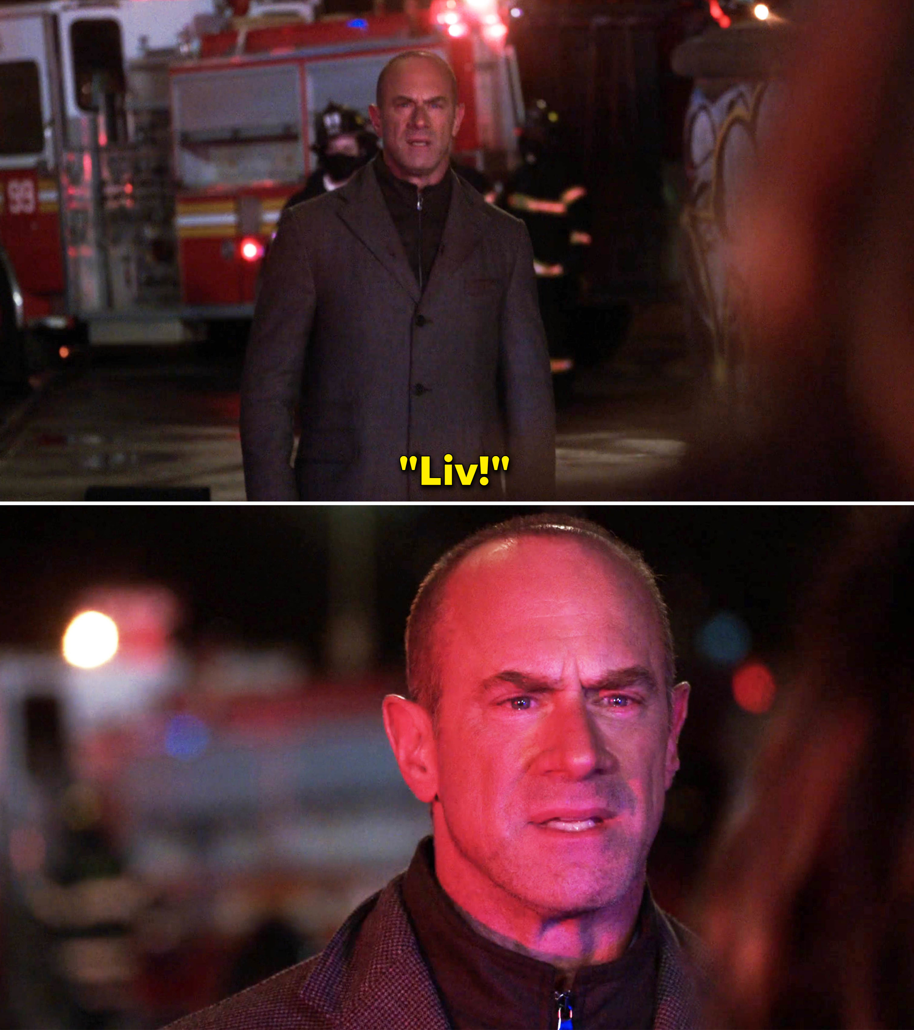 Elliot at an emergency scene and yelling, &quot;Liv!&quot;