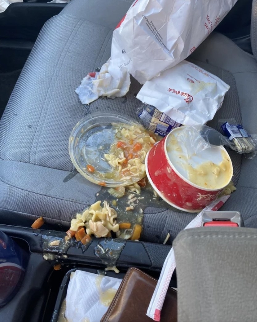 soup all over the car seat