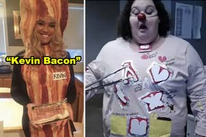 Side-by-side of someone dressed as bacon with a "Kevin" name tag, and another dressed as the Operation board game