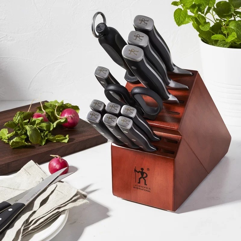 the knife set in the wooden block