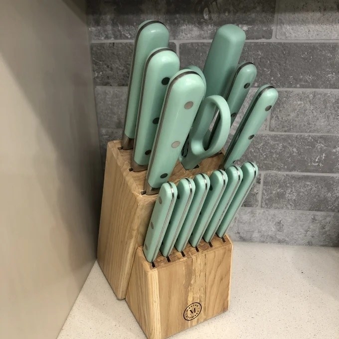 a reviewer photo of the Martha blue color of the knife set on the countertop
