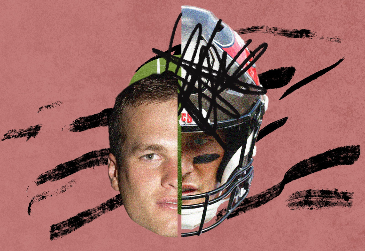a bifurcated image of tom brady&#x27;s face; on the left, him looking normal, on the right, him in his football helmet