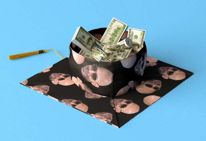 an upside down graduation cap decorated with images of andrew tate&#x27;s face, the inside of the cap is filled with stacks of money