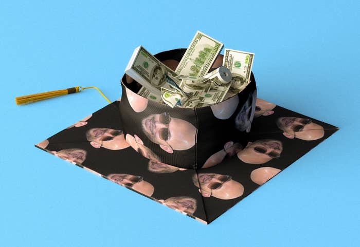 an upside down graduation cap decorated with images of andrew tate's face, the inside of the cap is filled with stacks of money