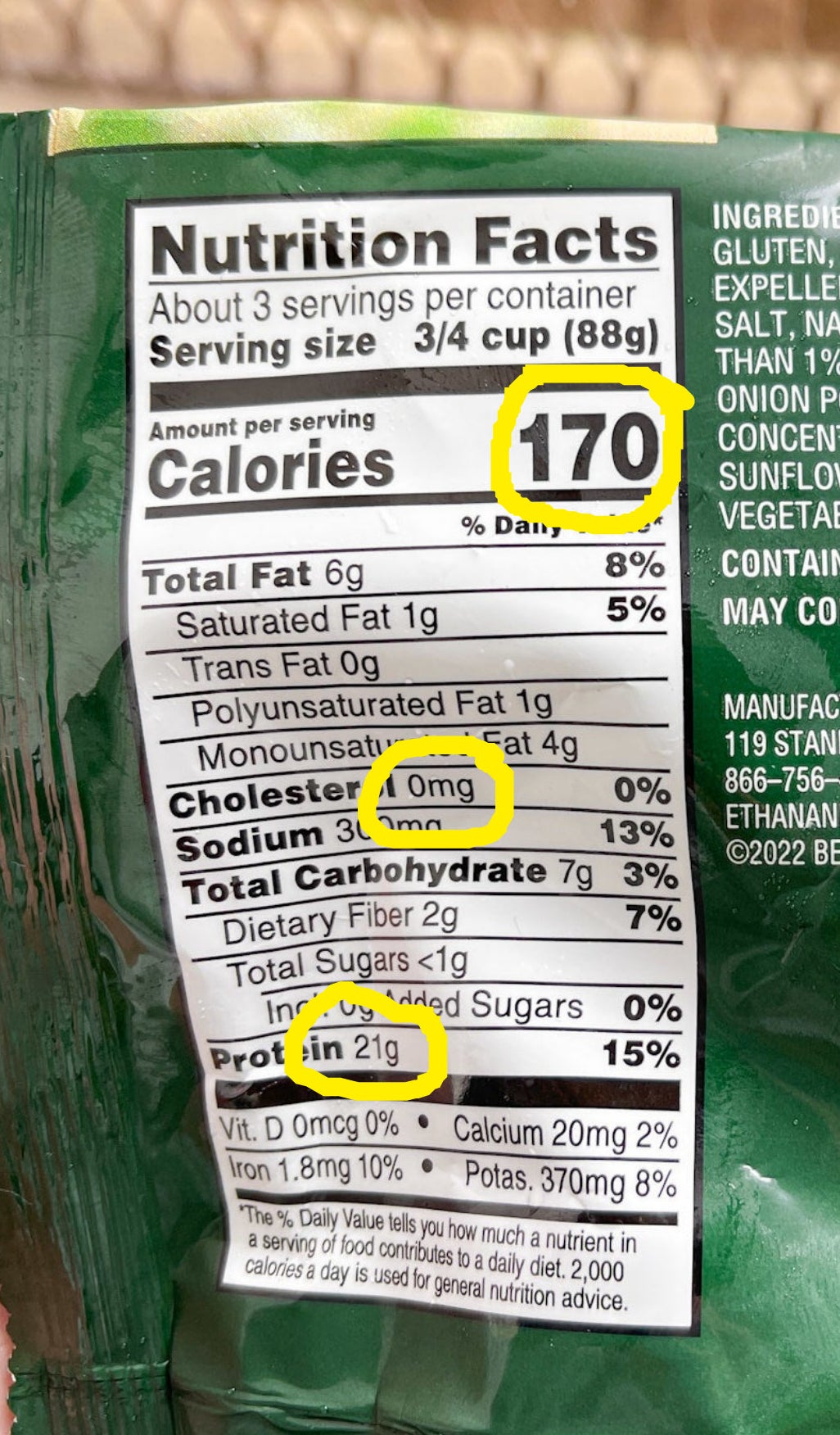 170 calories, 0 mg cholesterol, 21 g protein