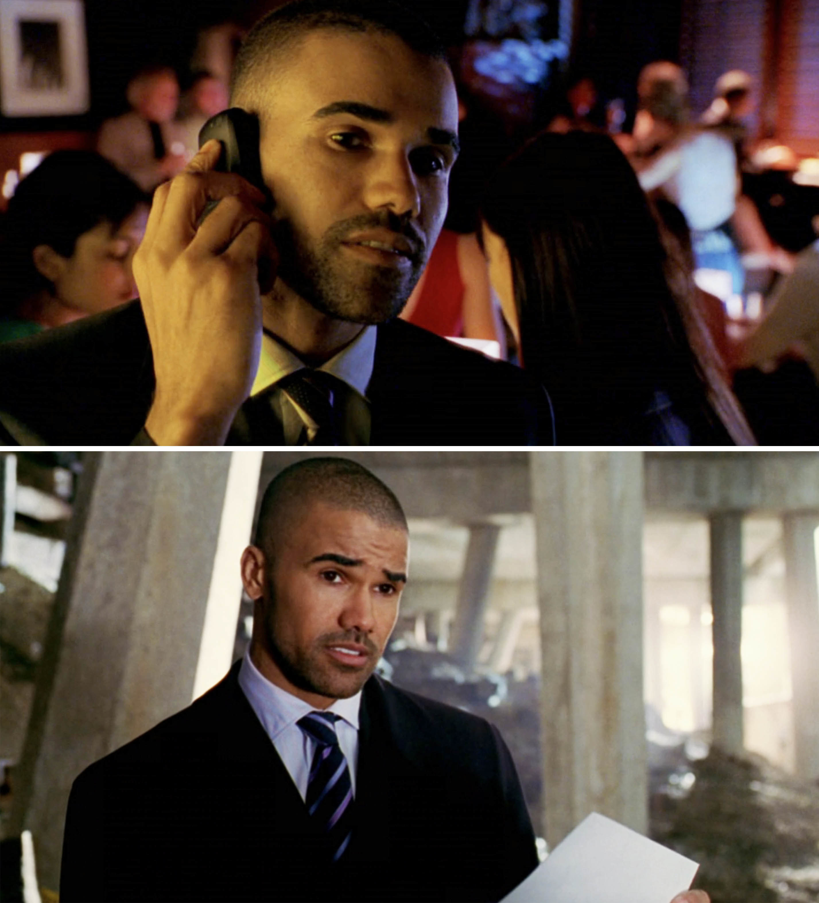Derek on the phone in a club; Derek with a questioning look on his face and holding a piece of paper