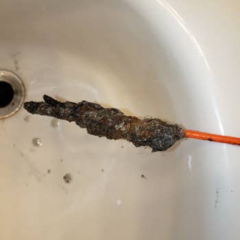 reviewer image of the end of the drain snake covered in hair and gunk