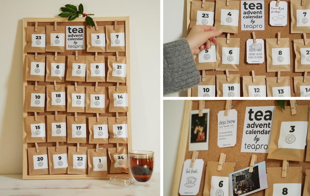 a corkboard with 24 tiny packets of tea attached