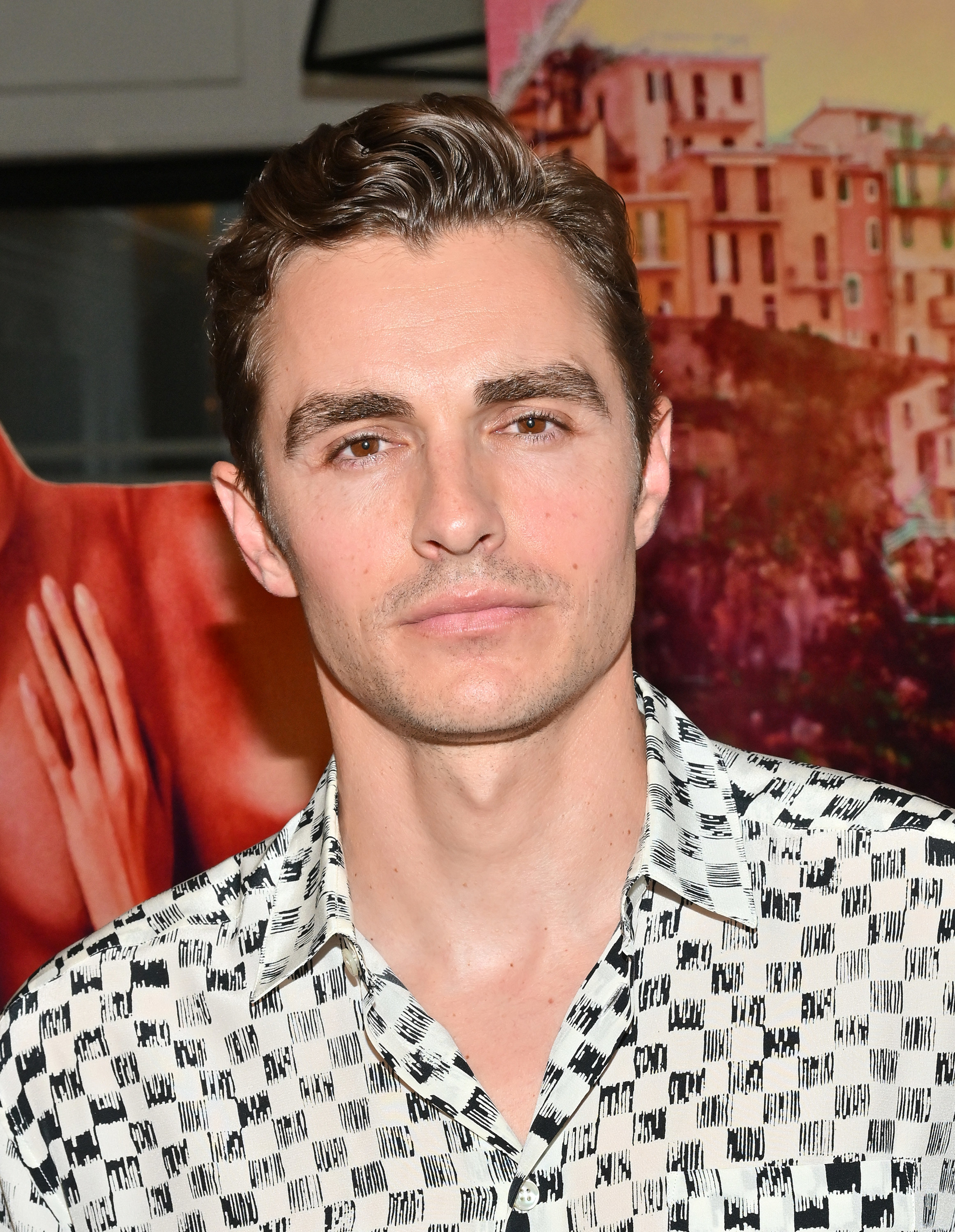 Dave Franco in a white-and-black checkered shirt on a red carpet in 2022
