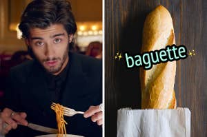 On the left, Zayn from One Direction eating spaghetti in the Night Changes music video, and on the right, a baguette peeking out of a paper bag