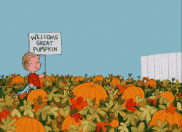 linus from peanuts holding a sign that says welcome great pumpkin