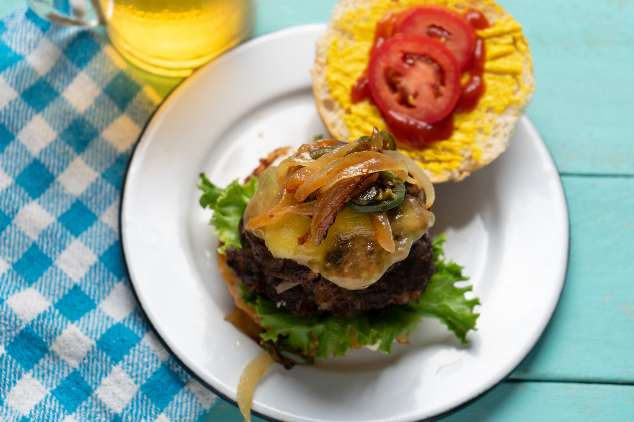 Cheese burger with caramelized onions