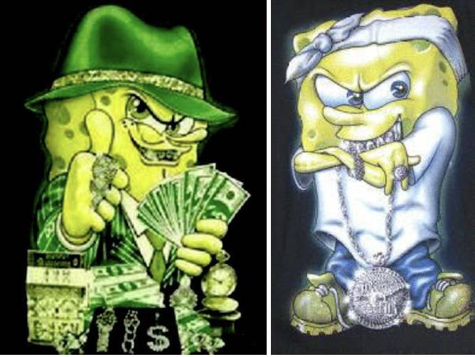The image shows two illustrations of SpongeBob SquarePants. The left one depicts him in a suit holding cash, and the right one has him wearing street-style clothes with jewelry