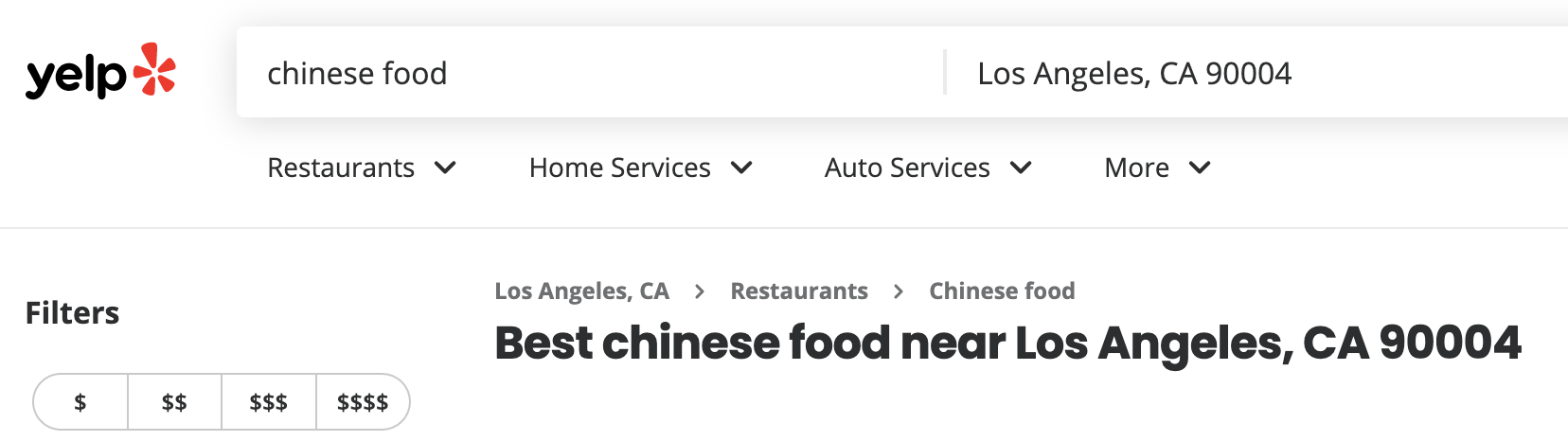 A Yelp search for Chinese food