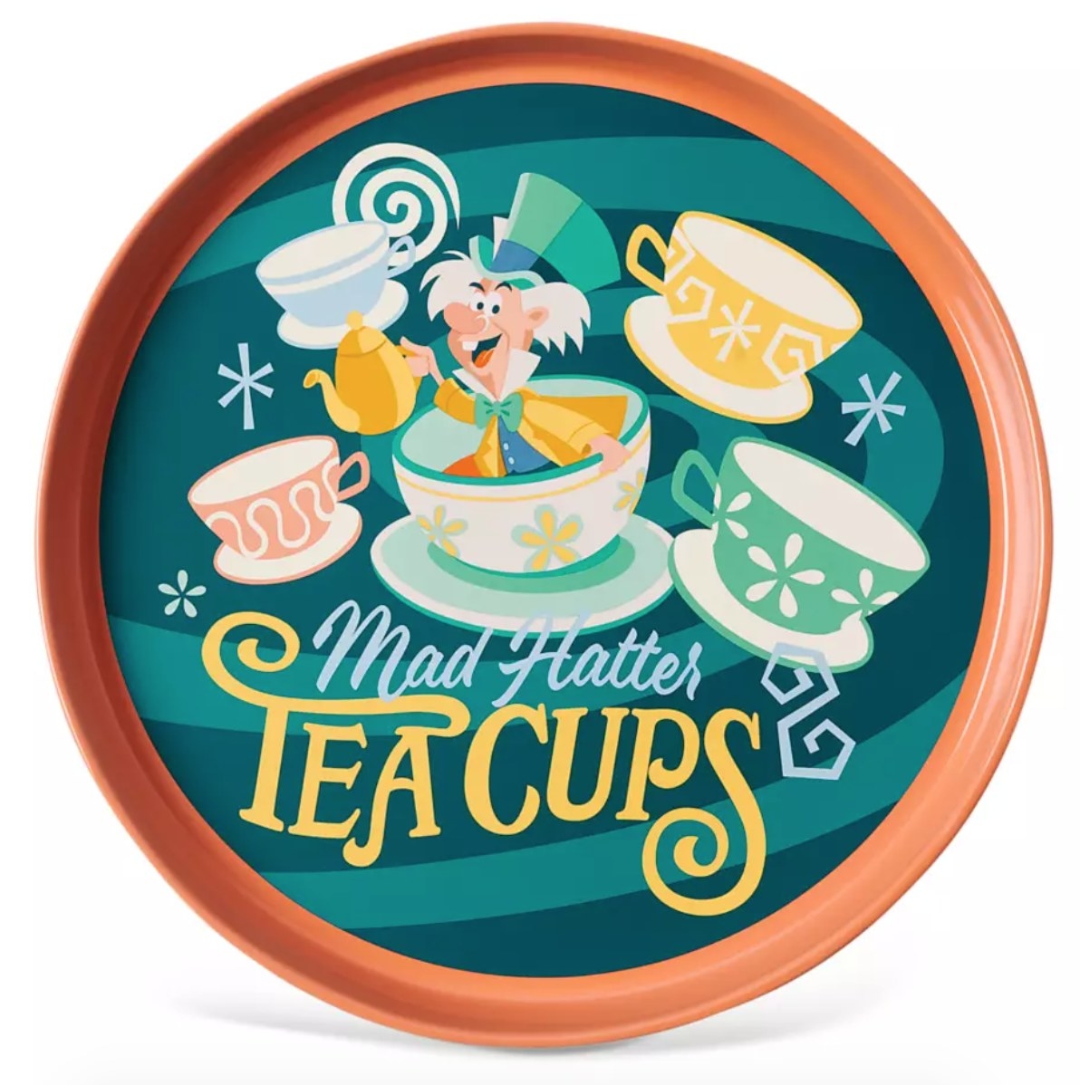 the mad hatter serving tray which reads &quot;mad hatter teacups&quot;