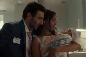 Eugenio Mastrandrea and zoe saldana with a baby in from scratch