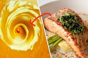 Liquid swirling in a circle and salmon topped with greens