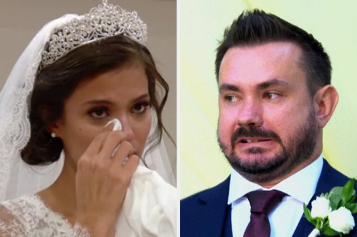 crying bride and a cringing groom