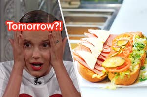 A close up of Millie Bobby Brown looking shocked and an open faced sub sandwich