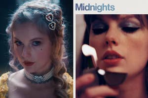 On the left, Taylor Swift in the Bejeweled music video, and on the right, the Midnights album cover