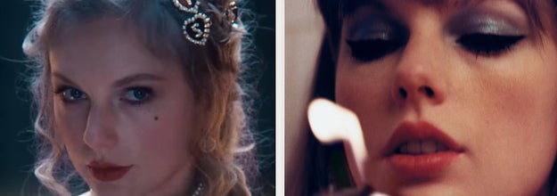 左边是《宝石迷阵》mv中的泰勒·斯威夫特，右边是《午夜》专辑封面