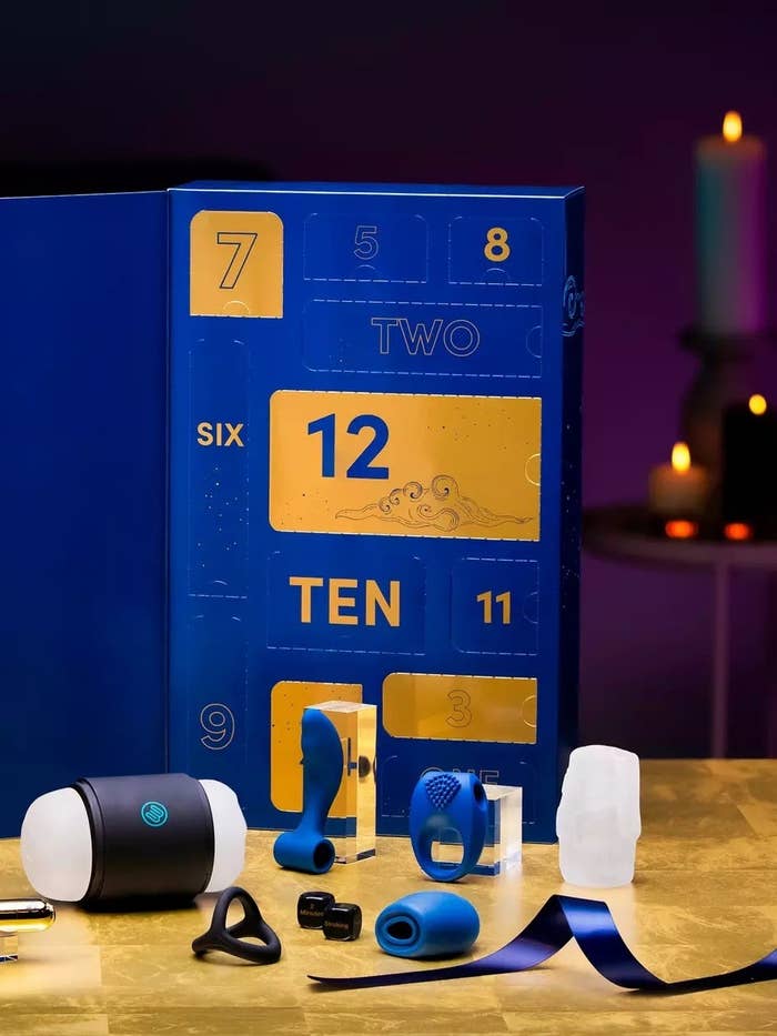 Blue advent calendar surrounded by black, transparent and blue sex toys