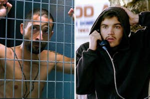 A gaunt man stands inside of a makeshift prison cell / A young bearded man in a hoodie gets distressing news at a phone booth