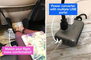 (left) airplane foot rest (right) power converter