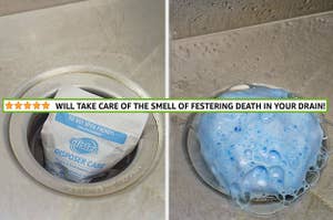 L: a garbage disposal with a cleaning packet sitting in it R: the same sink drain with blue foam erupting out of it